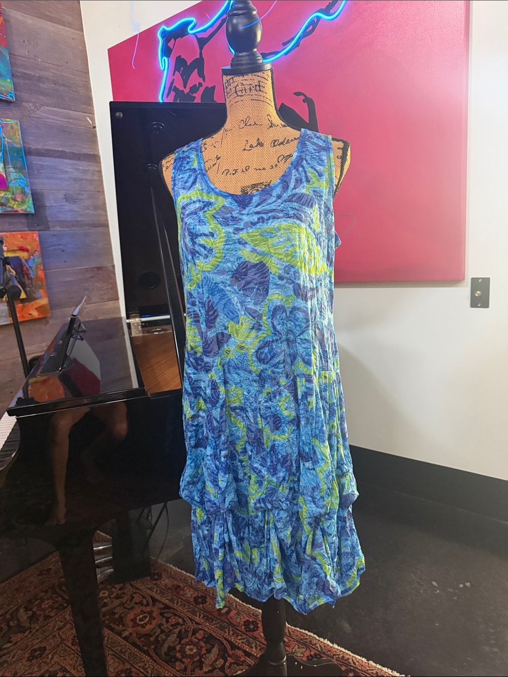 Shana Sleeveless Blue & Lime Floral Tiered Midi Dress